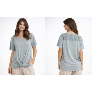 Rewind Sage Green Lace Shoulder Top Short Sleeve Boho Knot Front Size M